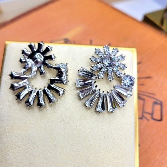 Rhinestone • Baguette Earrings • Half Moon Shaped • Pierced - Picture 4 of 4